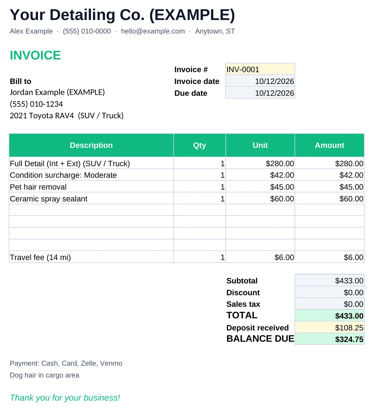 Invoice tab from the DetailTab example workbook