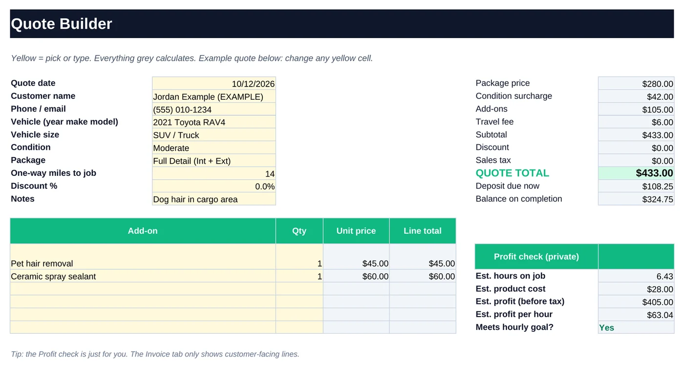 Quote Builder tab from the DetailTab example workbook